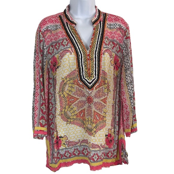 Charter Club Tops - Charter Club Women's L Pink Yellow Beaded Paisley Rayon Tunic Top Boho Festival